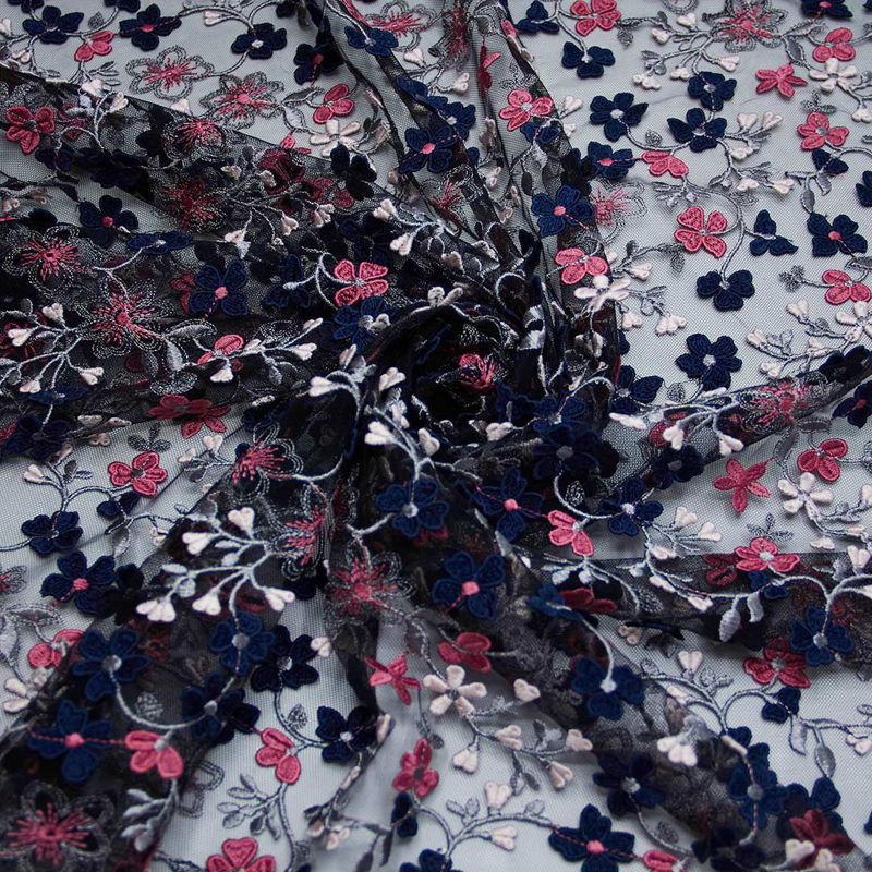 پارچه دانتل گل برجسته (آبی تیره)
