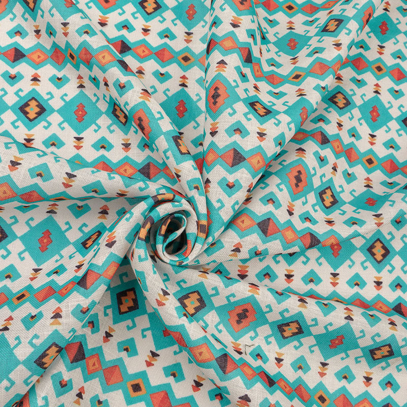 لینن طرح دار چاپی 040120/6 کرم فیروزه ای رنگ